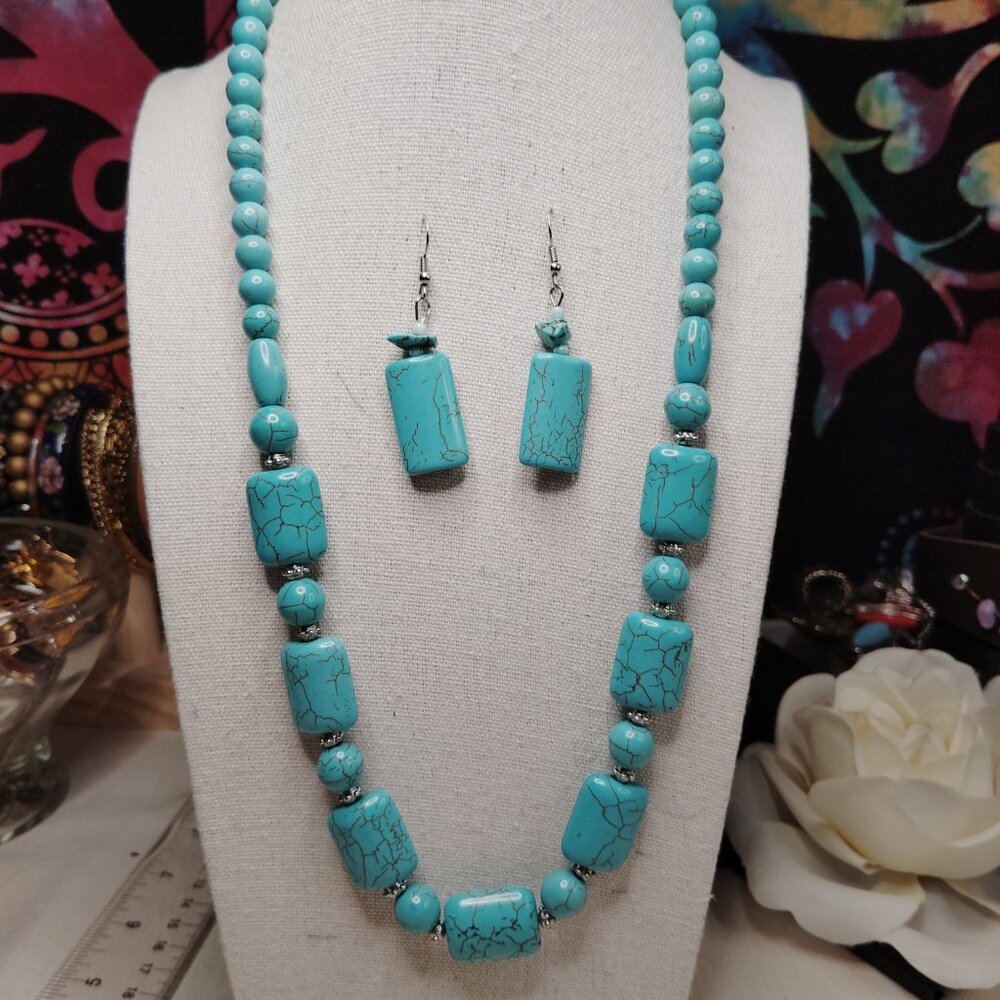 Turquoise Tone Dyed Howlite Necklace and Earrings Set 20 Inch Silver Tone